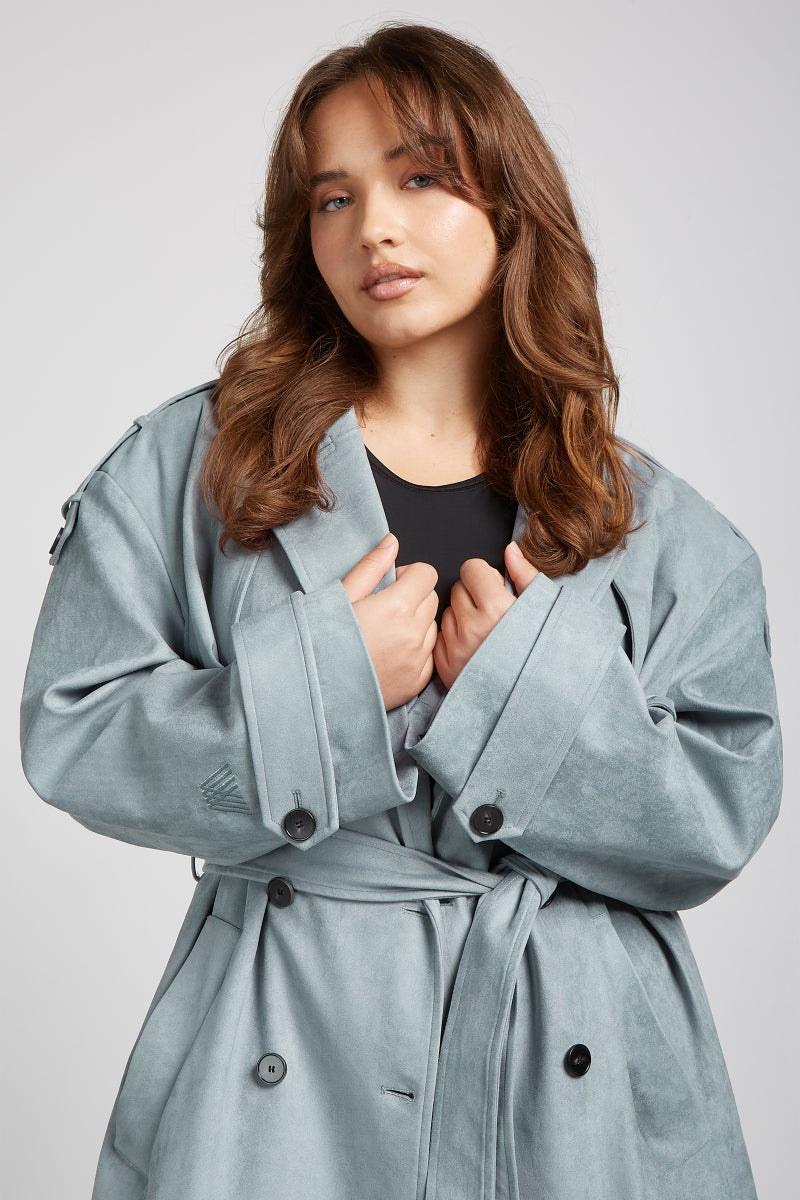 BODHI Suede Trench Coat Smoky Blue