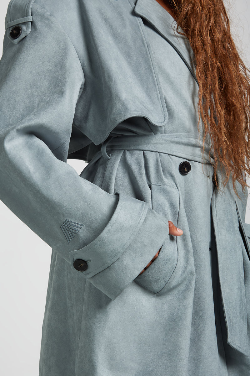 BODHI Suede Trench Coat Smoky Blue